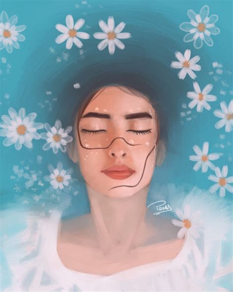 A Digital Painting Of A Woman With Daisies In Her Hair And Eyes Closed