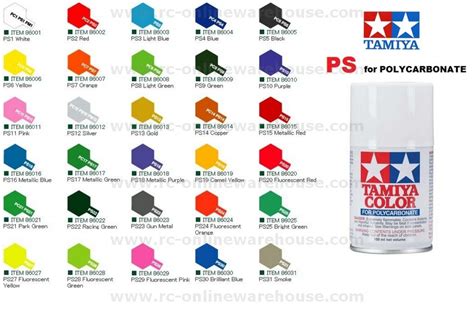 Tamiya Polycarbonate Spray Paint Color Chart