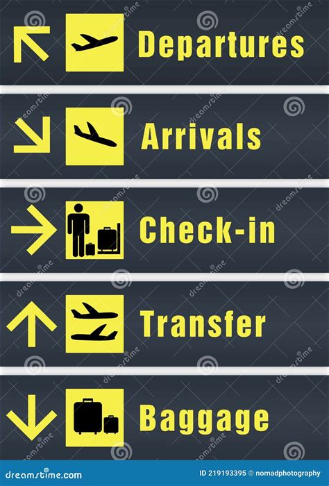 Airport Signs Departures Arrivals Check In Transfers Baggage Board Stock Illustration