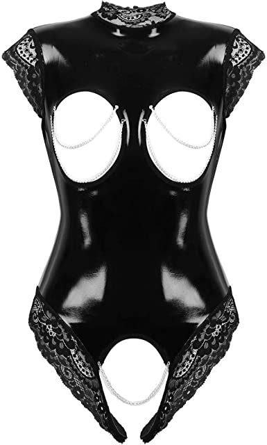 Moily Womens Wetlook Latex Sleeveless Catsuit Lingerie Open Breast Cups