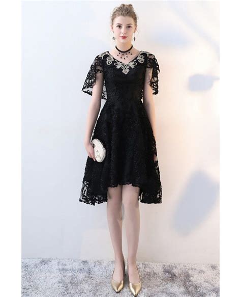 Gorgeous Black Lace High Low Homecoming Dress Vneck Bls86035