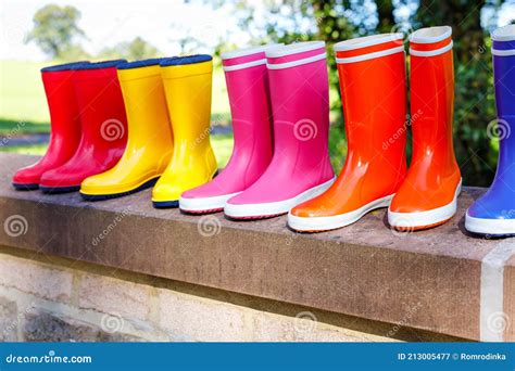 Closeup Of Colorful Rain Boots For School And Preschool Children In