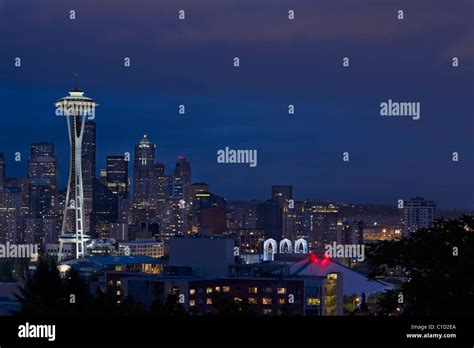Seattle Washington Skyline With Space Needle At Blue Hour 2 Stock Photo