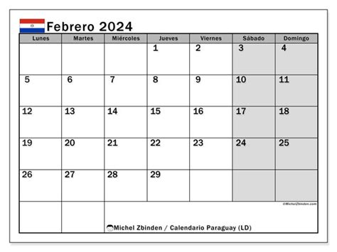 Calendario Febrero 2024 Paraguay Ld Michel Zbinden Py