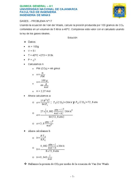 Usando La Ecuación De Van Der Waals Ejercicio Pdf Gases Física