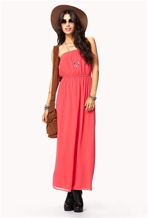 Forever 21 Strapless Maxi Dress In Pink Coral Lyst