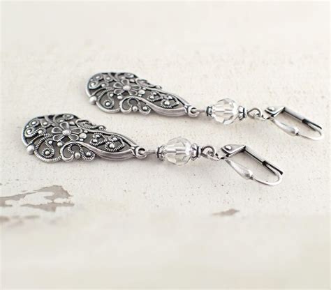 Lacy Antique Silver Filigree Drop Lever Back Earrings Etsy
