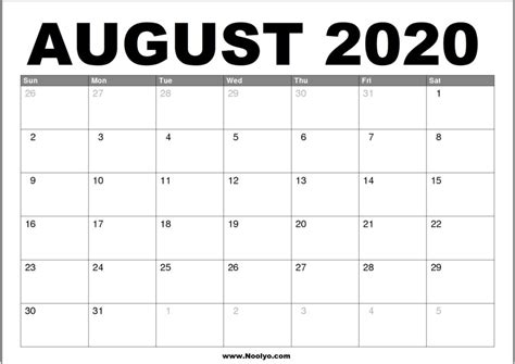 August 2020 Calendar Printable Free Download