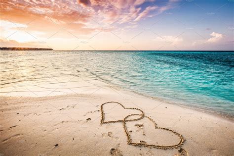 Two Hearts Drawn On A Sandy Beach By ~ Nature Photos ~ Creative Market