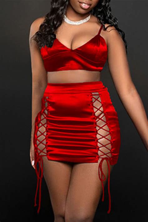 Red Sexy Solid Hollowed Out Backless Strap Design Spaghetti Strap Sleeveless Two Pieces Two