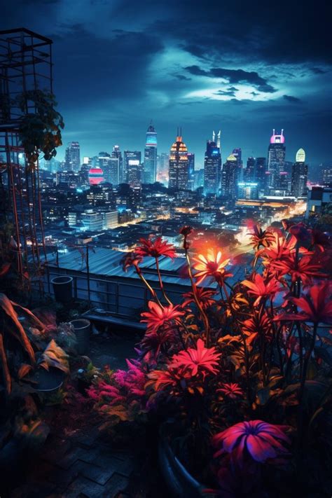 Cyberpunk Garden With A Cityscape View