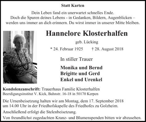 Livestreams, liveticker und aktuelle berichterstattung aus allen bereichen des sports. Traueranzeigen von Hannelore Klosterhalfen | Aachen gedenkt