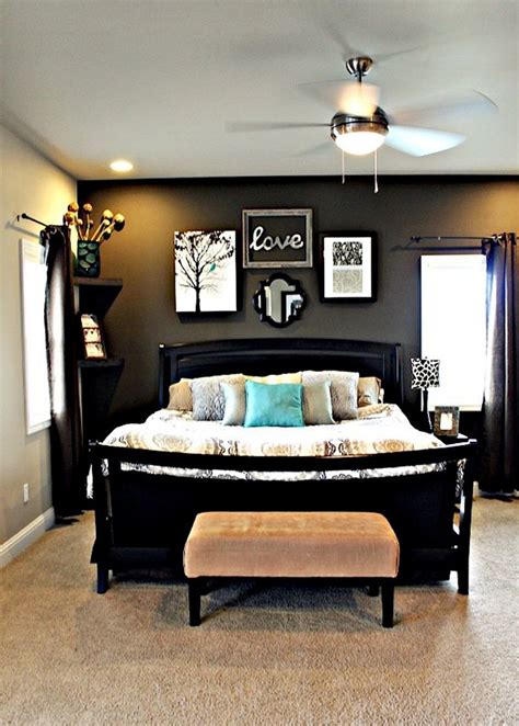 Far from being boring using grey allows. Master bedroom with dark grey accent wall, light grey ...