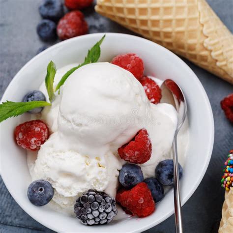 Vanilla Ice Cream Scoops With Fresh Berries Stock Image Image Of