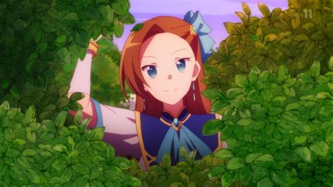 An Anime Character Standing In The Bushes With Her Arms Up And Looking At The Camera