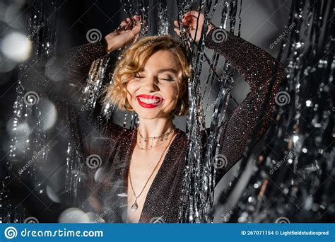Happy Woman In Shiny Black Dress Stock Photo Image Of Grey Caucasian