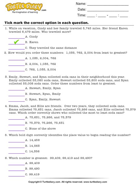Comparing And Ordering Whole Numbers Worksheets