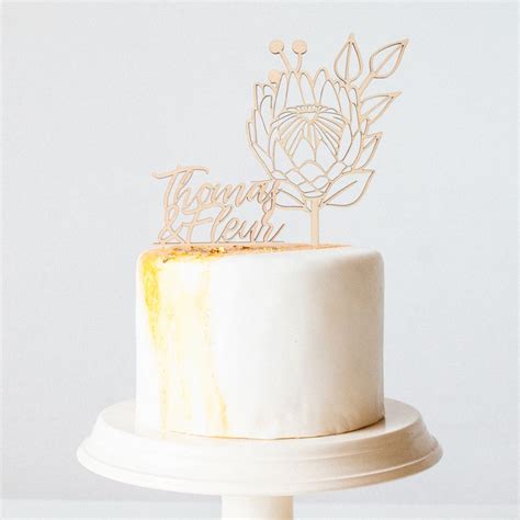 Wedding Cake Topper With Protea Flowers And Names Lasercut