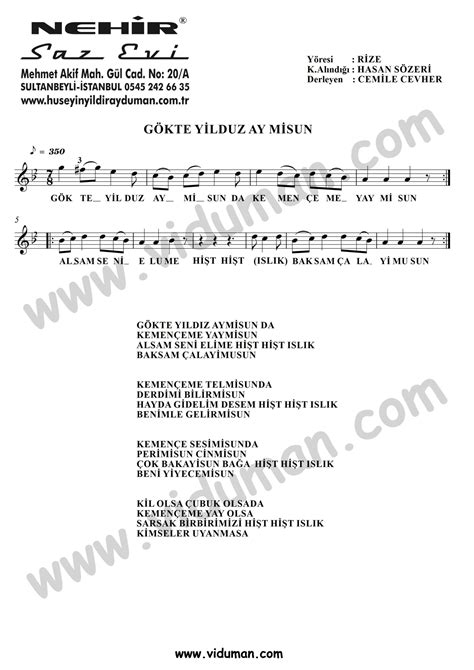 Bu ellerde gez gayrı aman, kâtip ol da yaz gayrı aman aman. Gökte Yıldız Ay mısın - Bağlama-Saz Türkü Notaları ...