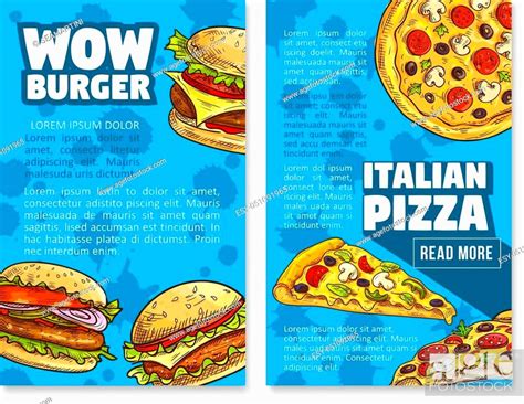 Fast Food Restaurant Poster Set For Burgers And Pizza Snacks Stock