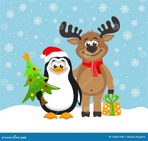 Cute Penguin In A Santa Claus Hat And Funny Reindeer Stock Illustration Illustration Of Cute