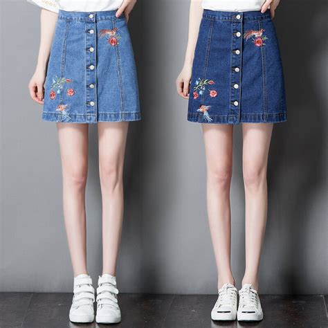 Women Denim Summer Skirt Rushed Above Knee Mini Polyester Lanon Cotton Empire A Line Print 2018