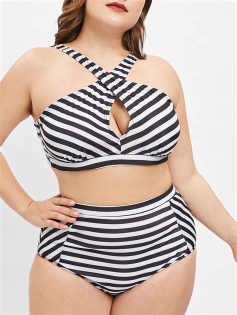 Swimwear Black 1x Striped Plus Size Criss Cross Bikini Set Gamiss