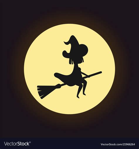 Witch Silhouette Flying On Broom On Night Moon Vector Image