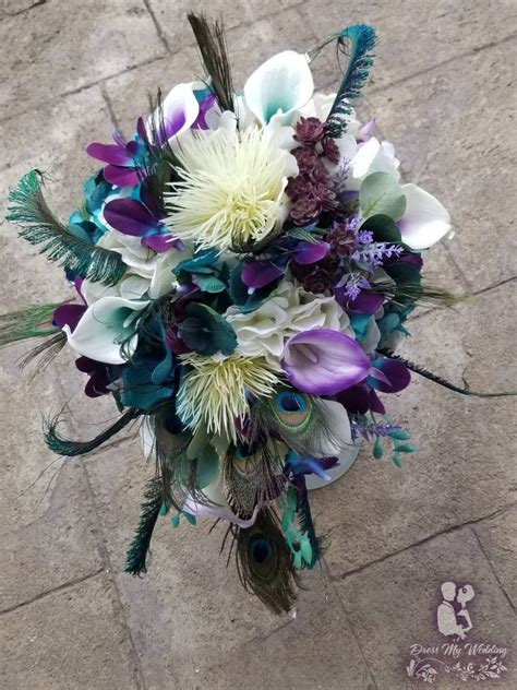 dress my wedding purple teal peacock cascading bouquet