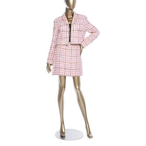 Chanel Pink Beige Tweed Knit Skirt And Jacket Set With Chiffon Trim