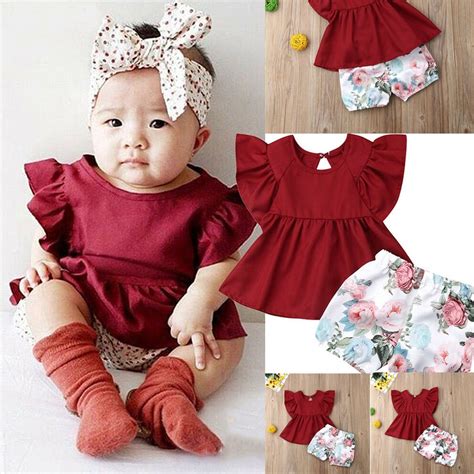 Kids Clothes Infant Baby Girls Ruffled Tops Flower Floral Print Shorts