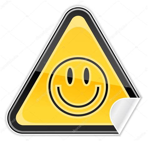 Sticker Yellow Hazard Warning Sign With Smiley Face Symbol On White