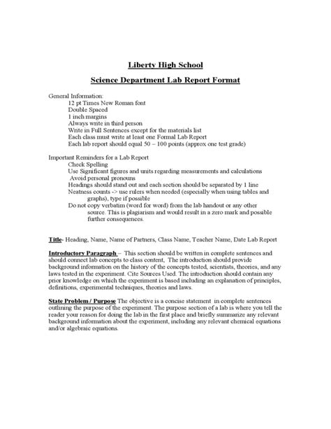 Lab Report Format Liberty High School Free Download