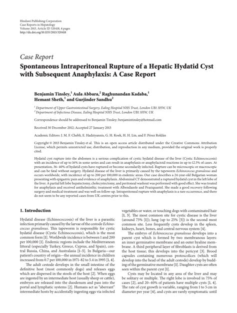 Pdf Spontaneous Intraperitoneal Rupture Of A Hepatic Hydatid Cyst