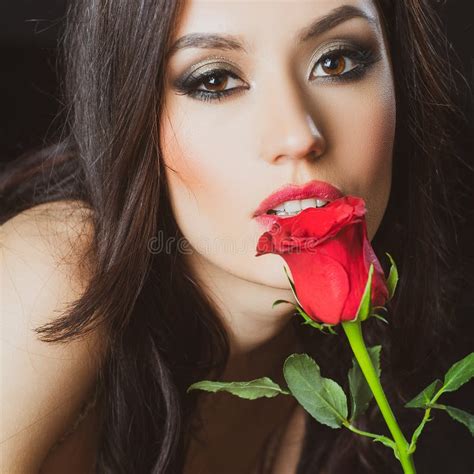 Woman Lips With Red Lipstick And Beautiful Red Rose Attractive Woman