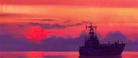 Download Boat During Sunset Art 2560x1080 Wallpaper