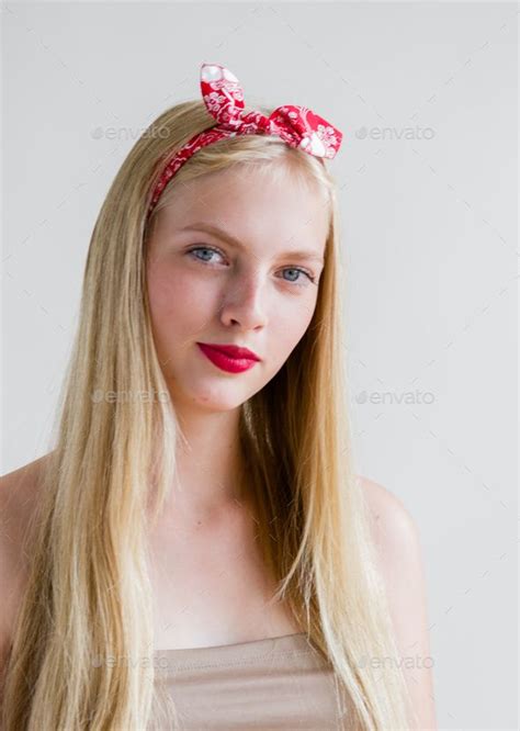 Beautiful Pinup Woman With Long Blonde Hair Natural On White Background
