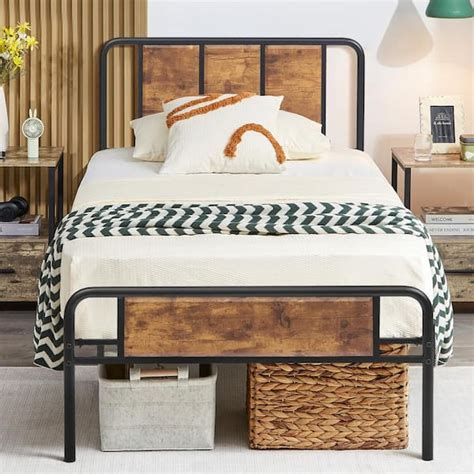 Vecelo Twin Size Bed Frame With Industrial Wooden Headboard High Metal