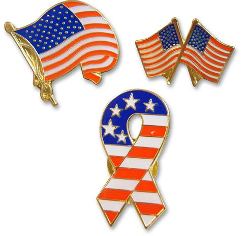 Patriotic 3 Piece American Flag And Ribbon Hat Lapel Pin And Tie Tack With