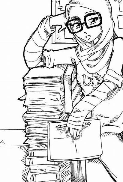 Muslim Bookworm Anime Hijab Cartoon Drawing Muslimah