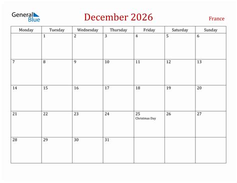 December 2026 France Monthly Calendar With Holidays