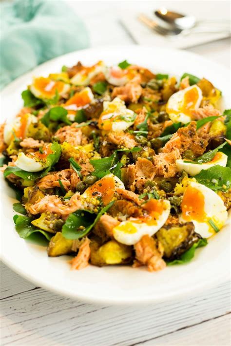 How caloric is salmon fillet and steak (6 oz, 100 g)? Hot Smoked Salmon Salad with Egg & Mustard Potatoes ...