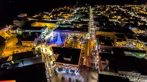 Aerial View Of Downtown Belize City At Night During The Christmas