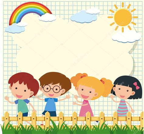 Maybe you do only verbs; Border template with four kids in garden — Stock Vector ...