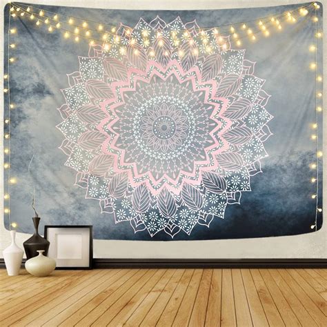 Krelymics Mandala Wall Tapestry Grey And Pink Flower Tapestry Mandala