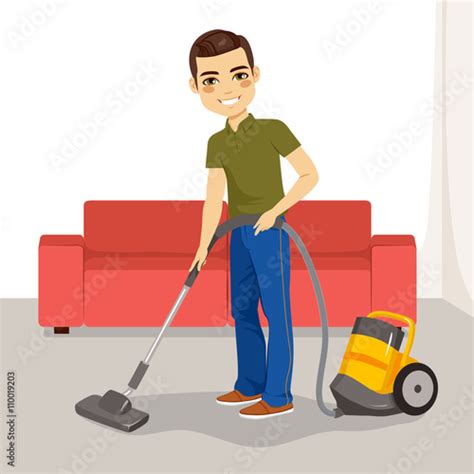 Young Man Using Vacuum Cleaner On His Living Room Stock Vector Adobe