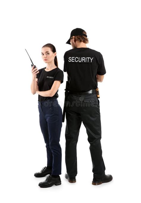Female Security Guard With Baton On White Background Stock Photo
