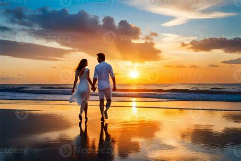 Young Couple In Love Walking In The Beach At Sunset Ai Generated