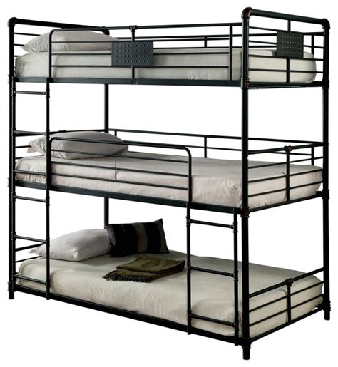 Industrial Style Full Triple Decker Bunk Bed With Ladder Gray