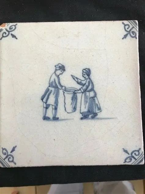 Antique Dutch Delft Blue And White Tile With Typical Dutch Scene 18th